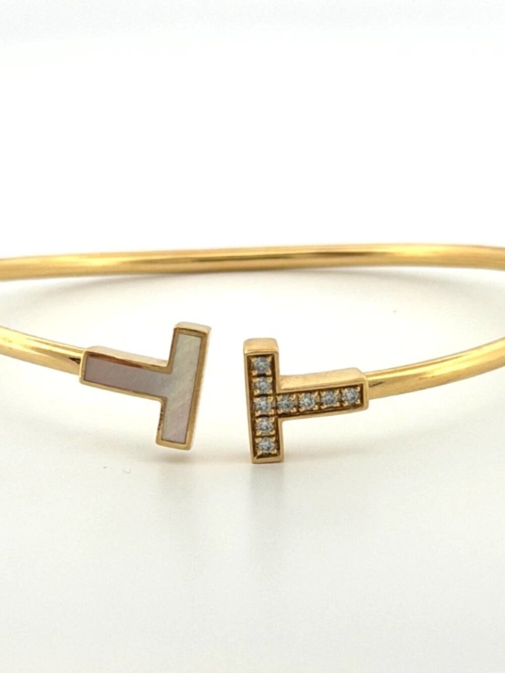 Tiffany & Co. T Wire Bracelet 18K Yellow Gold Mother of Pearl Diamond Bracelet